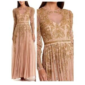Mac Duggal 93638 Formal 16 Beaded Long Sleeve Evening Gown Nude Gold Dress